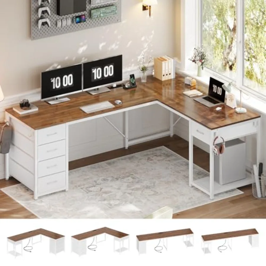 Home office L-shaped desk, engineered wood, white, 57 L-shaped with 5 drawers, reversible corner design, built-in power strip s