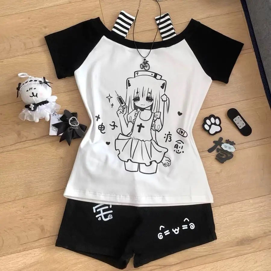 

Slimming ort Sve Summer Top Y2K Japanese Sle Cute Print Hot Girl Casual Slim Fit irt Aesthetic Cultural Reinterpreta...