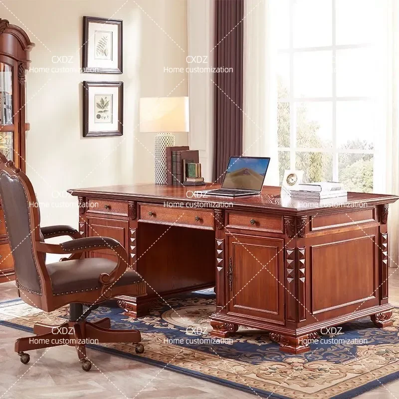 American European retro solid wood desk, study, computer chair, detail engraving, environmental protection E0 grade