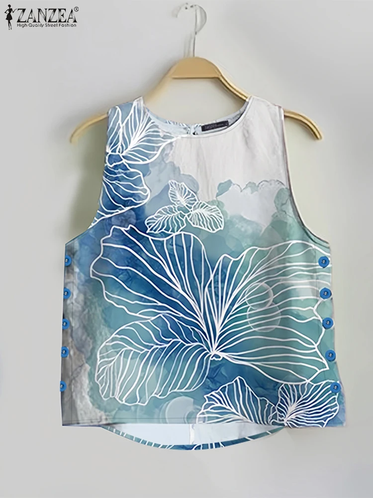 ZANZEA Womens 2025 Summer Casual Floral Printed Tank Tops Fashion O-Neck High-Low Sleeveless T-Shirts Day Wear Simple Camis Tops