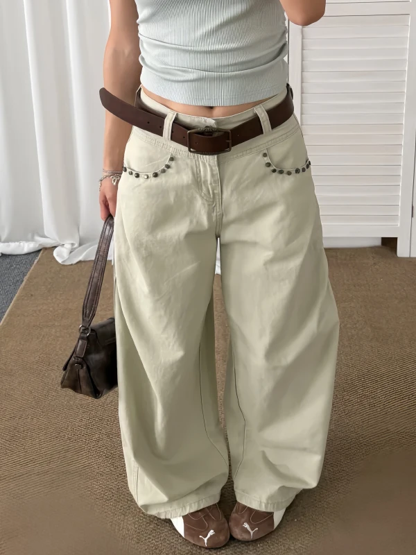 

American Retro Embellished Light Green Denim Pants Women Summer 2026 Loose Casual Workwear Floor-Length Trousers
