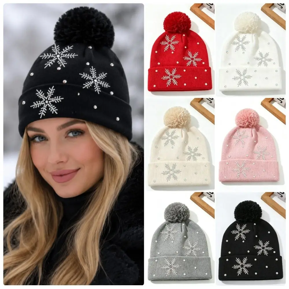 Fashion Thickened Knitted Hat Elastic Keep Warm Beanie Hat Snowflake Rhinestone Pullover Hat Women