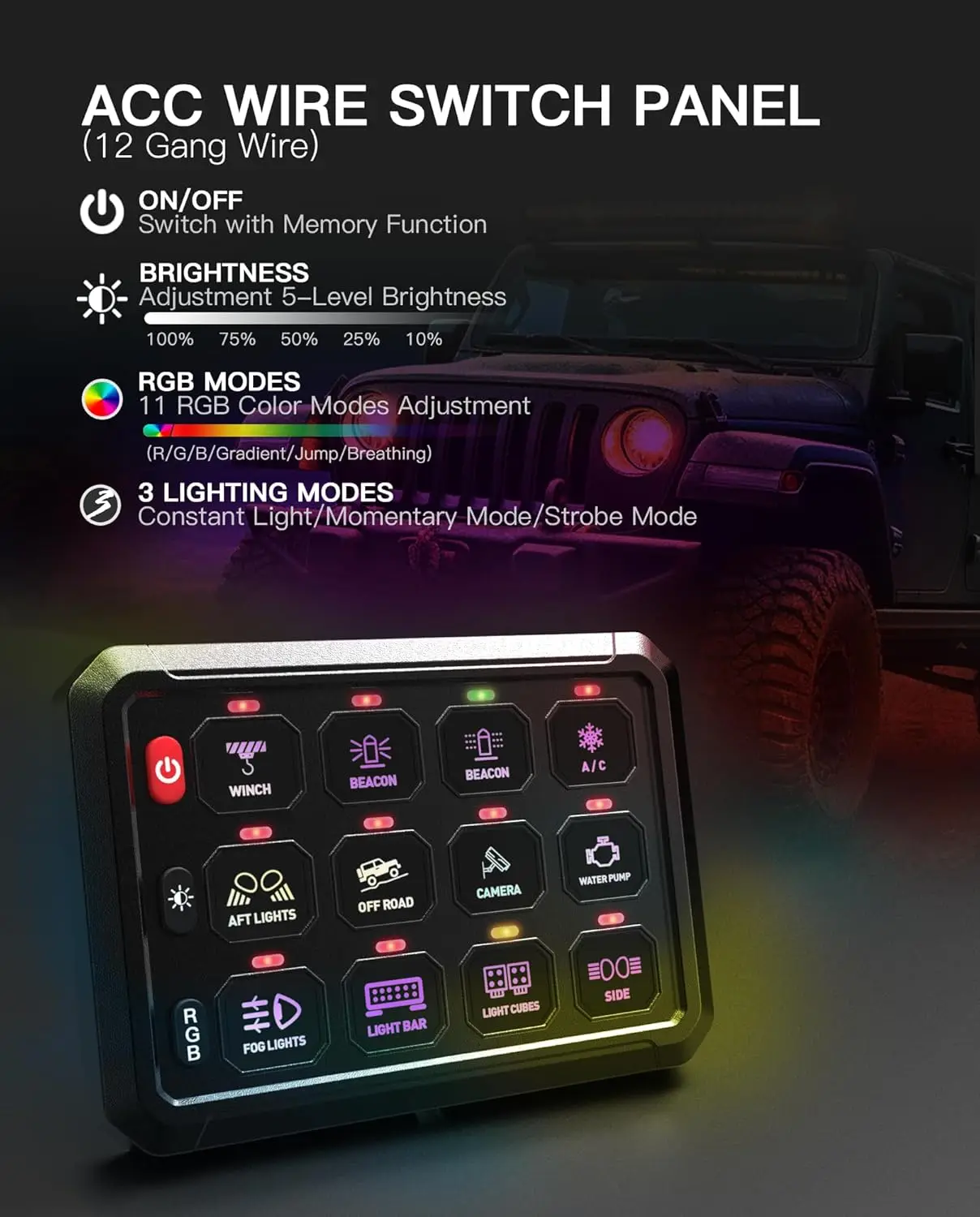 RGB 12 Gang Switch Panel Marine Waterproof Acc Wired Auxiliary LED Switch Pod For 12V/24V Car Boat Light Car Light Accessories