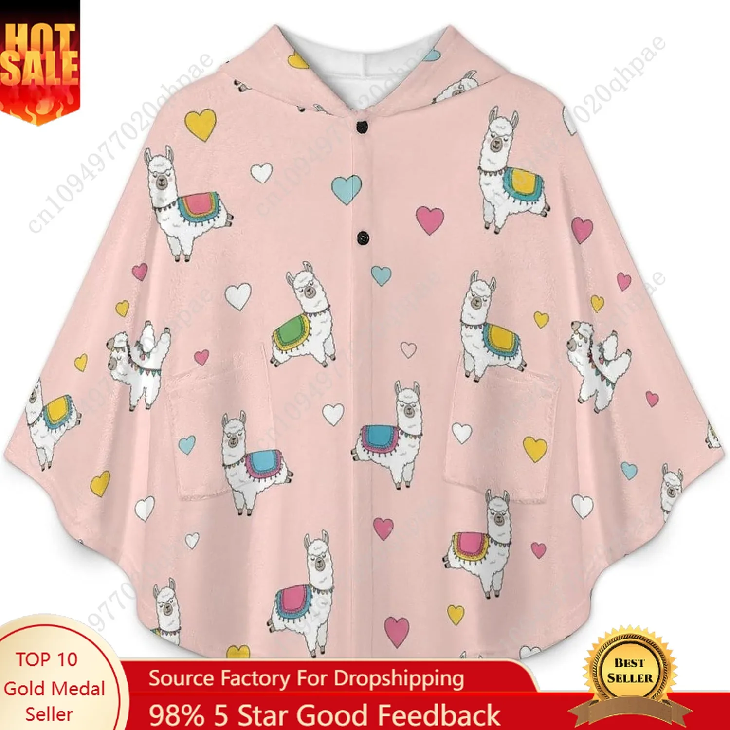 سترة بطانية مريحة من الفلانيل، سترة بقلنسوة كبيرة الحجم على شكل قلوب لاماس لطيفة مع جيوب للأطفال والمراهقين #1