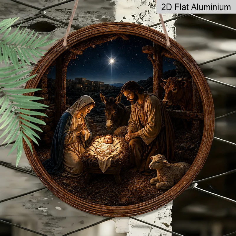 2D Flat, 1pc Round Aluminum Hanging Sign, Christmas Nativity Holy Family Manger Scene Donkey Cow Lamb Star Of Bethlehem Metal