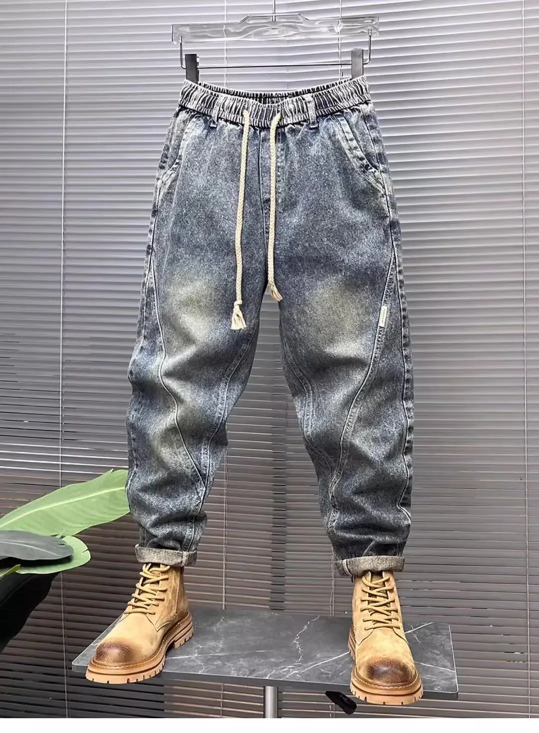 Trousers Cargo Light Blue Jeans For Men Cropped Male Cowboy Pants Harem Designer Patchwork Streetwear American korean Fashion