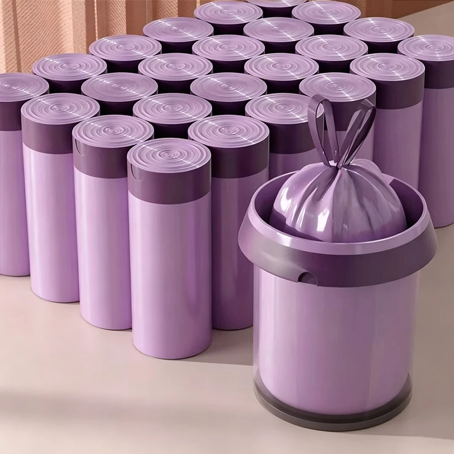 1 Rolle (100 Stück) Lila Müllbeutel mit Kordelzug, dicke, strapazierfähige Müllsäcke, auslaufsichere Müllbeutel für Küche, Bad und Haushalt – Detail 5