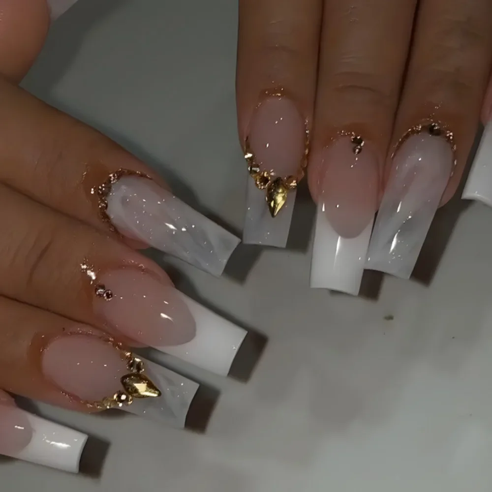 24Pcs Full Cover False Nails with Glue Long Square Coffin Fake Nails French Detachable Ballet Love Pattern Design Press on Nails