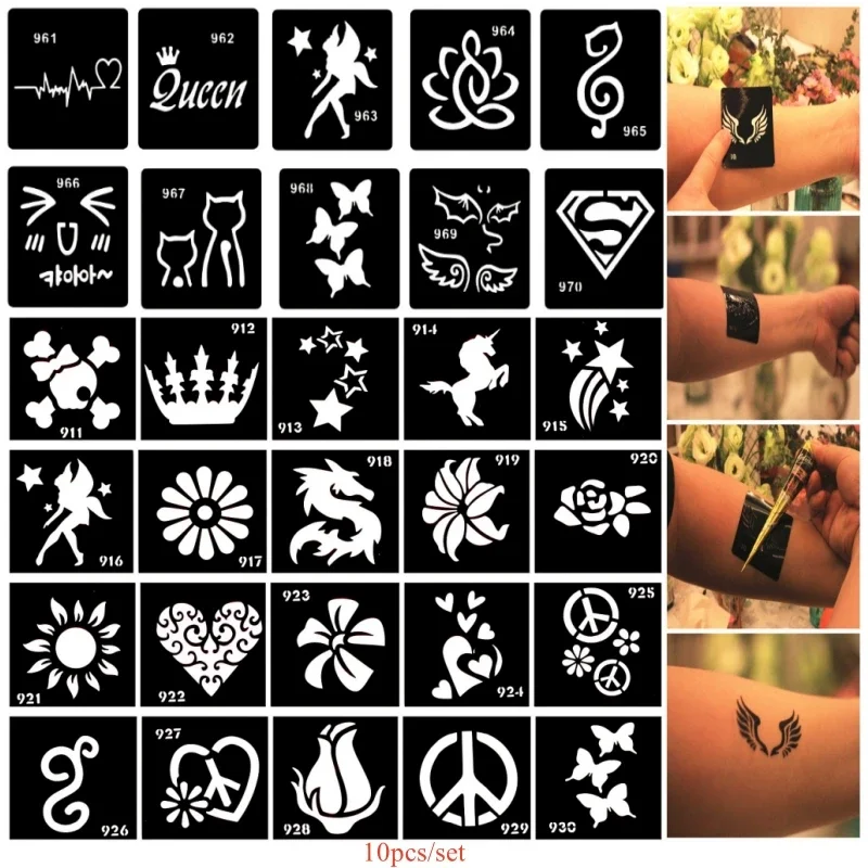 10pcs/set Temporary Henna Tattoo Stencils Leaf Smile Face Unicorn Small Airbrush Glitter Tatoo Template for Kid Women Hands Face