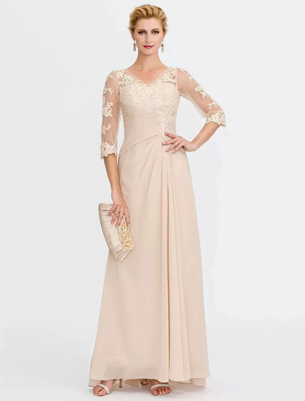 

Champagn Mother of the Bride Dress Elegant See Through V Neck Floor Length Chiffon Sheer Lace Half Sleeve Wedding Guest Gowns