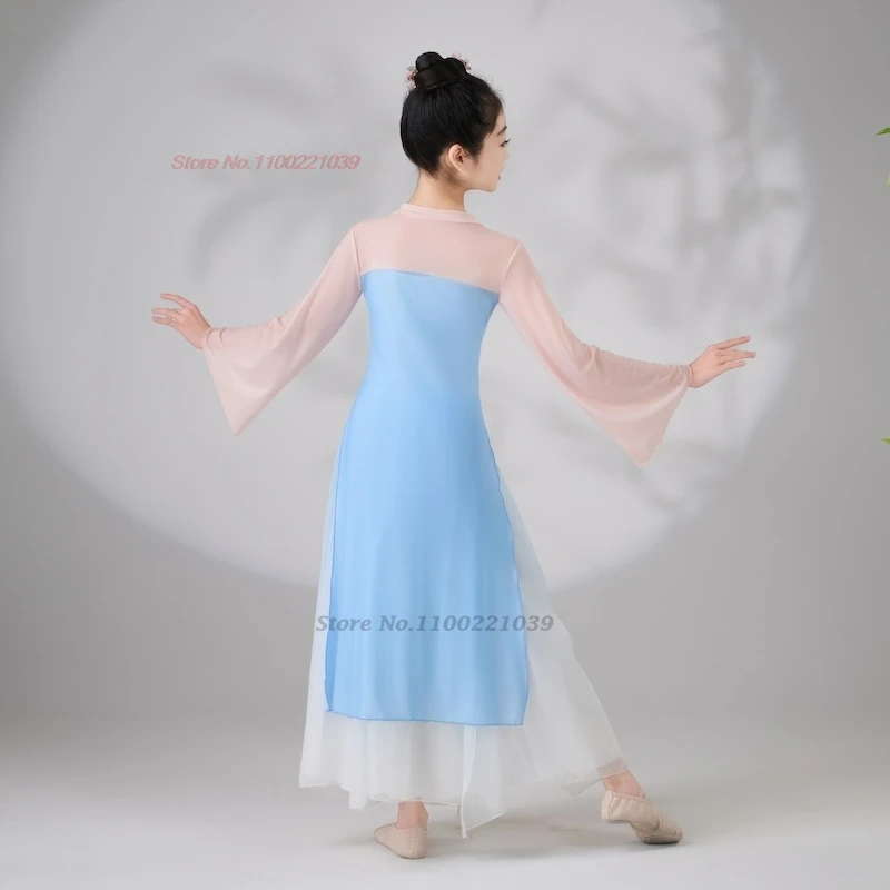 2025 traditionele chinese kinderen danskostuum vintage bloemenprint mesh hanfu tops + broek set toneelvoorstelling folk jurk