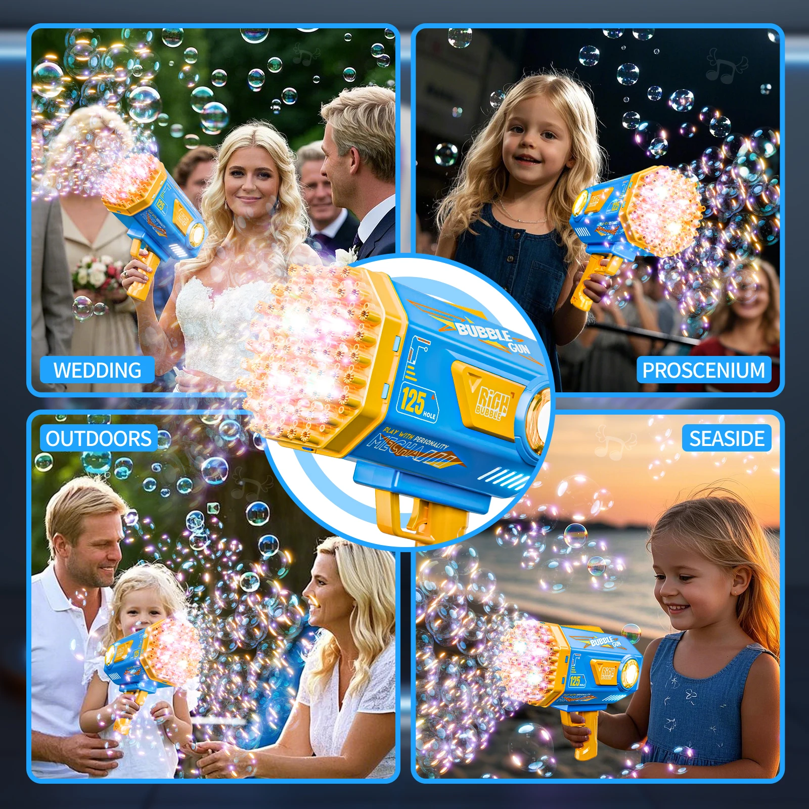 Machine à bulles 125 trous, souffleur de bulles portatif électrique automatique, pistolet à bulles, jouet cadeau d'anniversaire et de noël pour fête