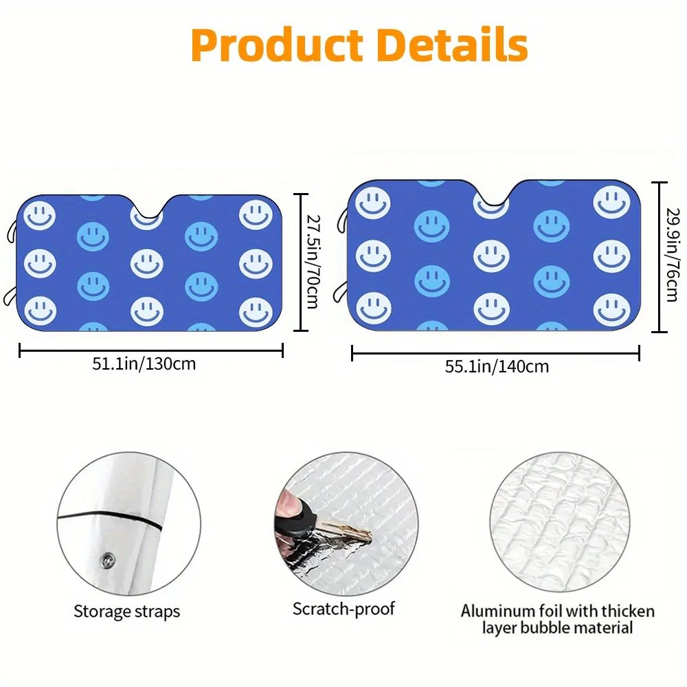 A Car Sunshade Featuring A Blue Smiley Face Design, Suitable For Front Windshield Protection. It Has High-Definition Printing, I