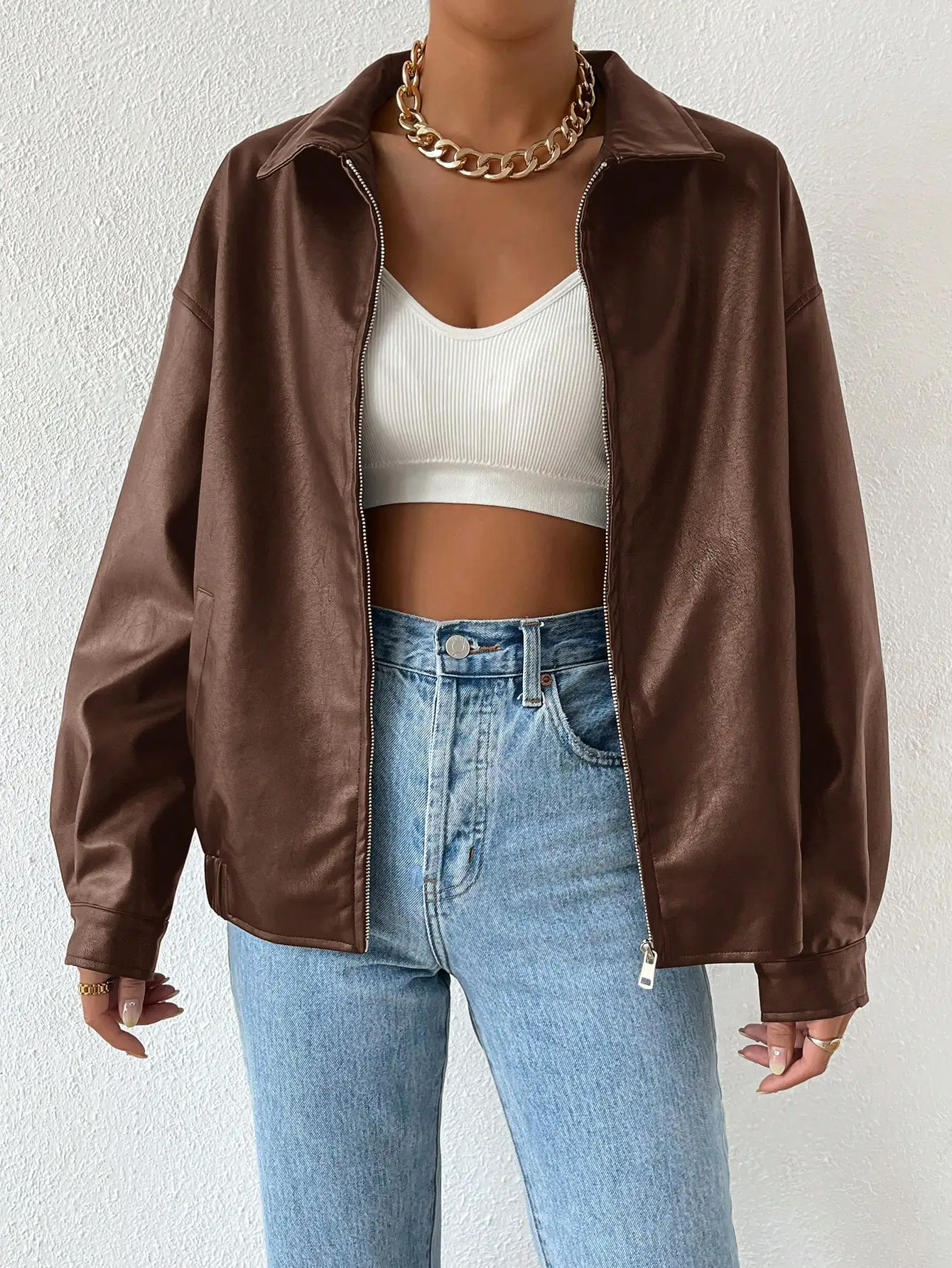 

Brown PU Leather Cropped Jacket with Drop Shoulder and Front Zipper for Women