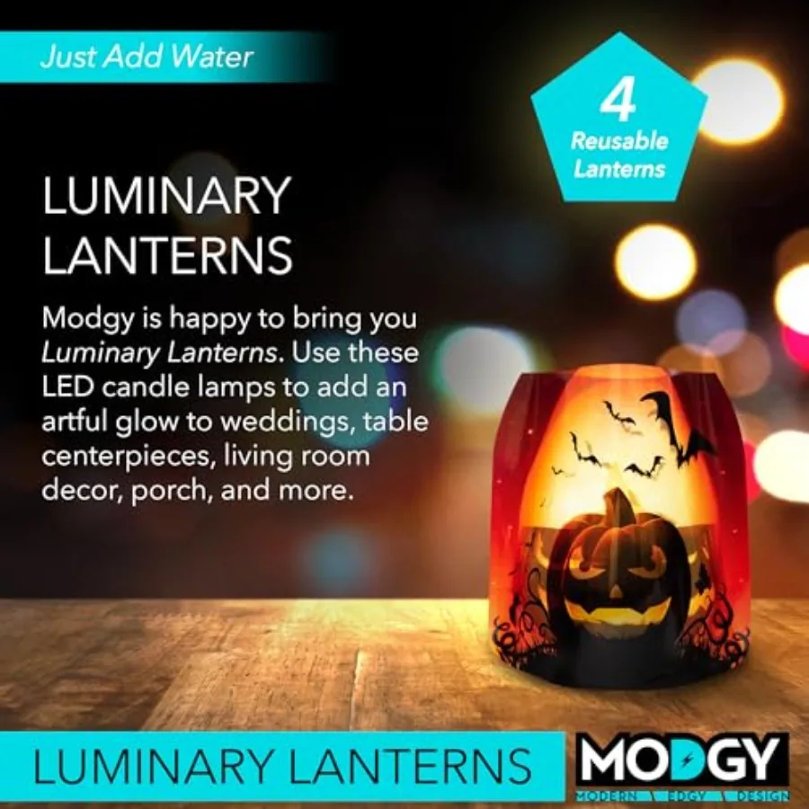 Luminary Lanterns, Halloween Candle Holders with Flameless Floating LED Candles, Indoor Outdoor Decor for Parties, Home, Window