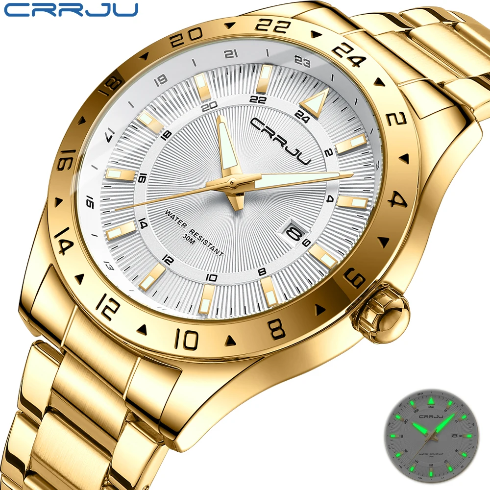 CRRJU Men Watch Quartz Wristwatches for Men Golden Clock Fashion Design Stainless Steel Male Watches with Luminous Hands