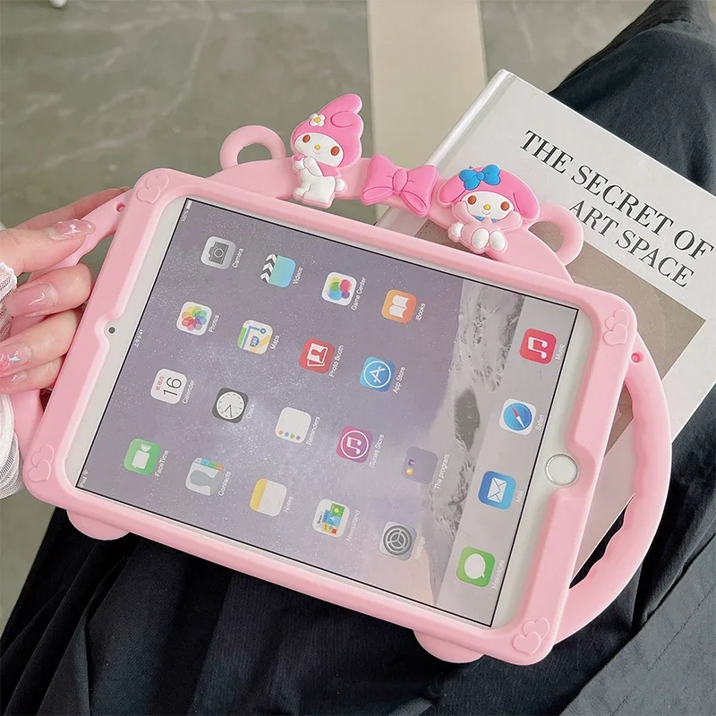 Sanrio Kawaii My Melody IPad Protective Case Anime Cartoon Sweet Fashion Exquisite Bracket Handle Portable Tablet Silicone Case