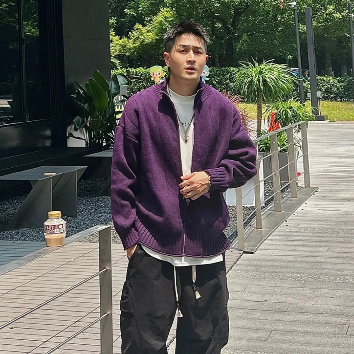 

Мужской повседневный вязаный свитер на молнии фиолетового цвета, весна-осень 2025, новинка ранней осени, с воротником-стойкой, свободный крой, полиэстер