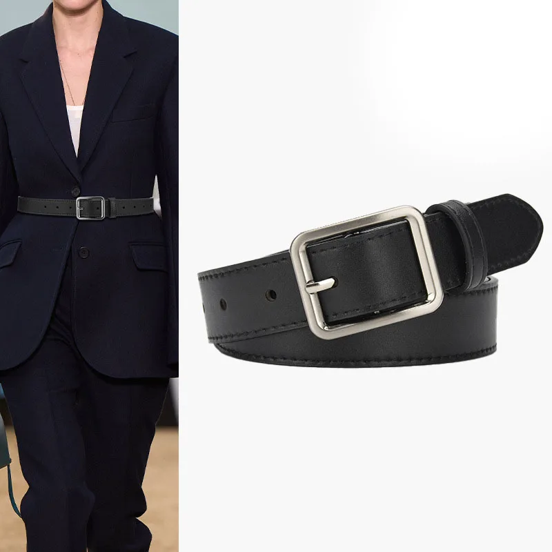 

Trendy 2025 Square Women's Leather Belt - Black/Khaki for Skirts/Jeans (Minimalist Unisex Design)