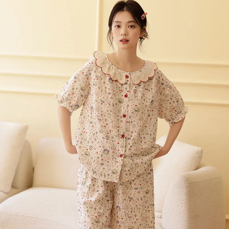 Cute Cartoon Printed Pajama Set for Women, 100% Cotton Gauze, Red Trim Lace Collar & Cuffs, Sweet Short Sleeve Sleepwear