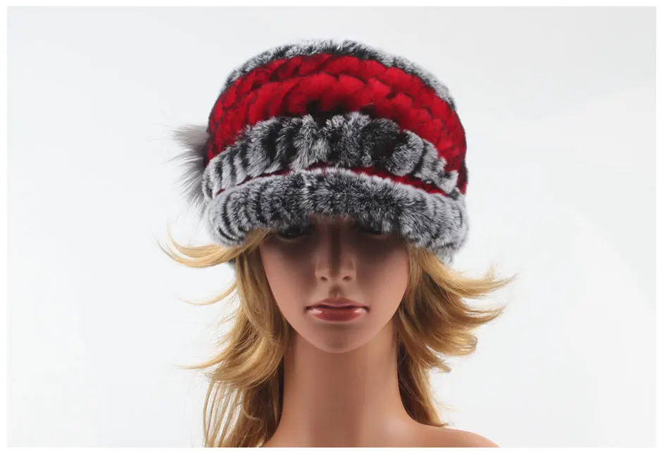 Winter Pelz Hüte für Frauen Rex Kaninchen Fell Elastische Gestrickte Hut mit Blume Pelz Hut Großhandel Baseball Kappe Weibliche Echtpelz Bonnets – Detail 18
