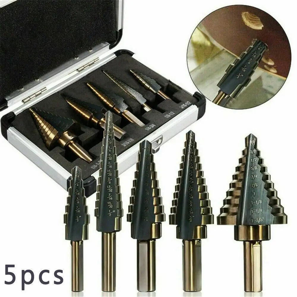 5-piece Set Of British Aluminum Box Step Drill Steel Punch British Reaming Drill Baked Yellow Pagoda Drill Table Step Drill