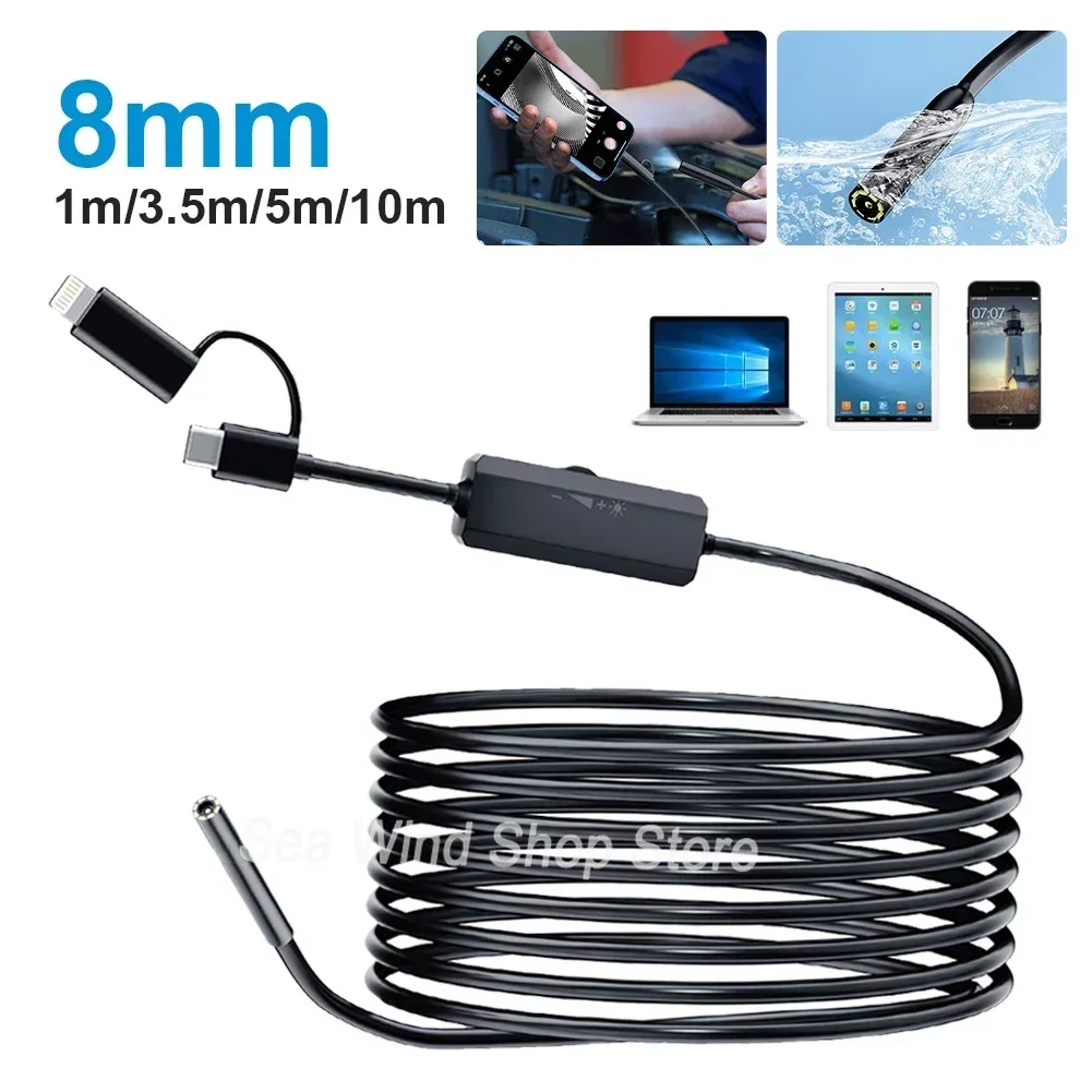 Caméra endoscopique avec lumière 1920P, endoscope fin de 8 mm, caméra d'inspection à intensité variable LED pour iPhone Android