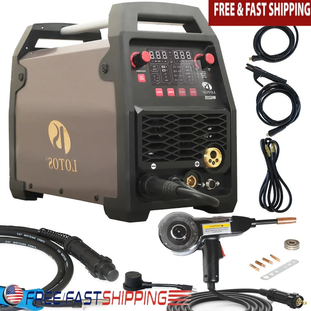 225A 6-in-1 Gas MIG Welder Spool Gun Aluminum Flux Core Stick TIG Spot Kit 110/220V Dual Voltage Easy Set-up synergistic MIG