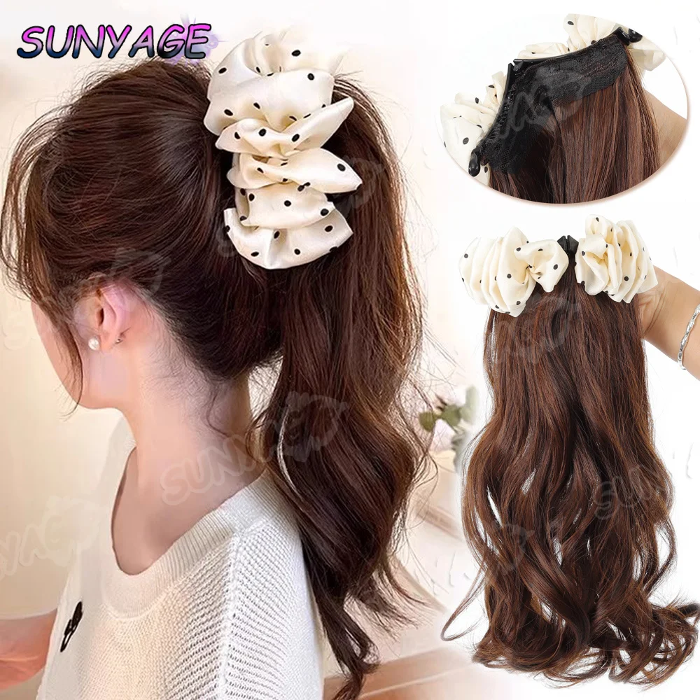 

Synthetic Autumn And Winter Temperament Korean Style Curly Ponytail Low Tie Black polka dots Banana with wavy curls Ponytail