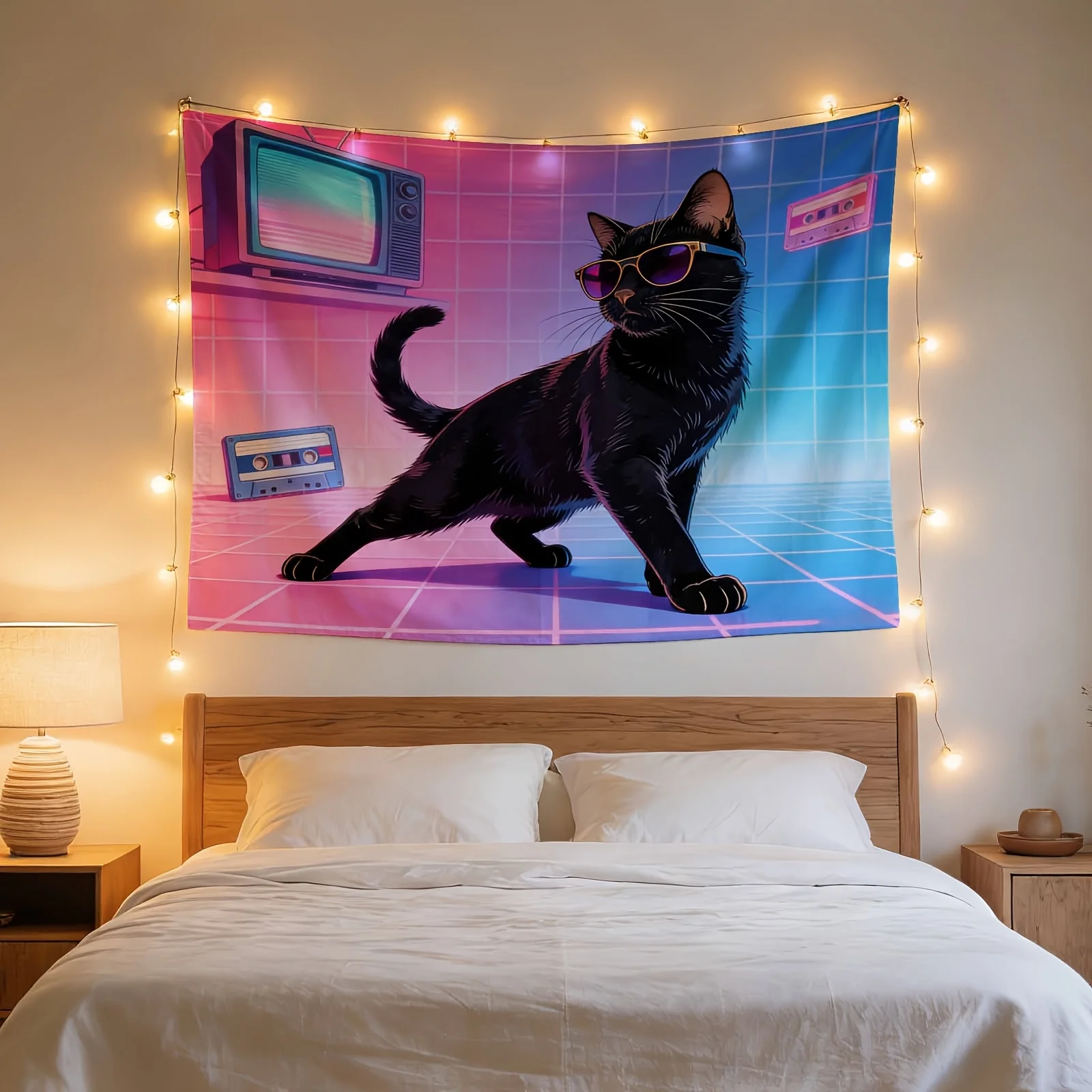 Vintage Cat Art Tapestry Retro Vaporwave Black Cat Wall Hanging 80s Neon Pop Art Stereo Decor Aesthetic Synthwave Living Room Po