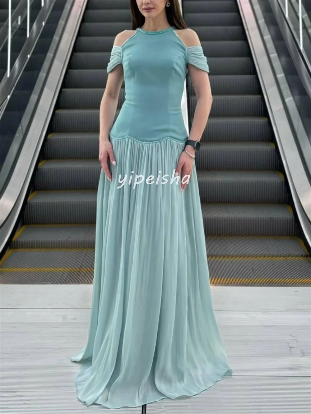 Customized Modern Style Beading Jersey Pleat Beading A-line High Collar Long Dresses Evening Dresses Sizes Available Fashion