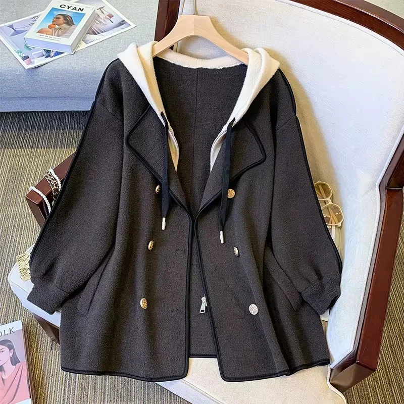 

Autumn Winter False Two-piece Hooded Splicing Woolen Coat Women Fashion Elegant Loose Long Sleeve Casual Wool Outerwear Lady