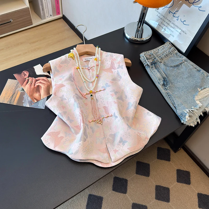 Retro Chinese Style Floral Embroidery Fashionable Women's Vest Open Cardigan Small Stand Collar Tassel Detail Daily Wear