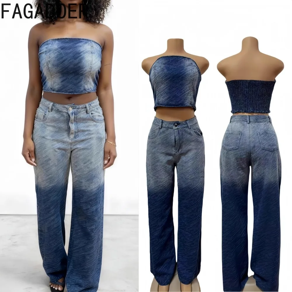 

FAGADOER модный джинсовый комплект с градиентом из 2 предметов для женщин, укороченный топ без рукавов и брюки с открытой спиной, одинаковая женская уличная одежда, новинка