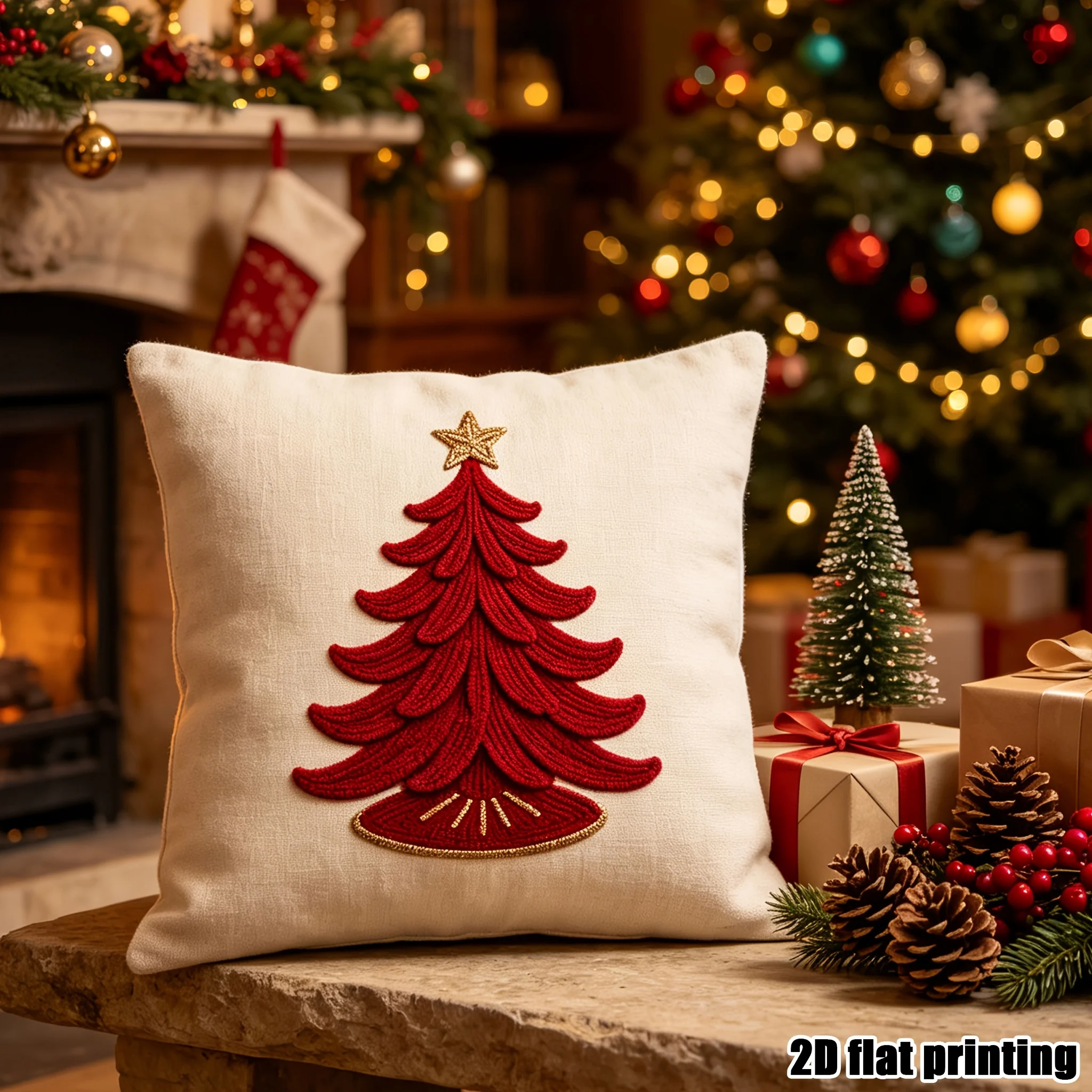 1pc 2D Flat Single-Sided Christmas Throw Pillow Cover, Festive Red Christmas Tree Printed Cushion Case with Golden Star
