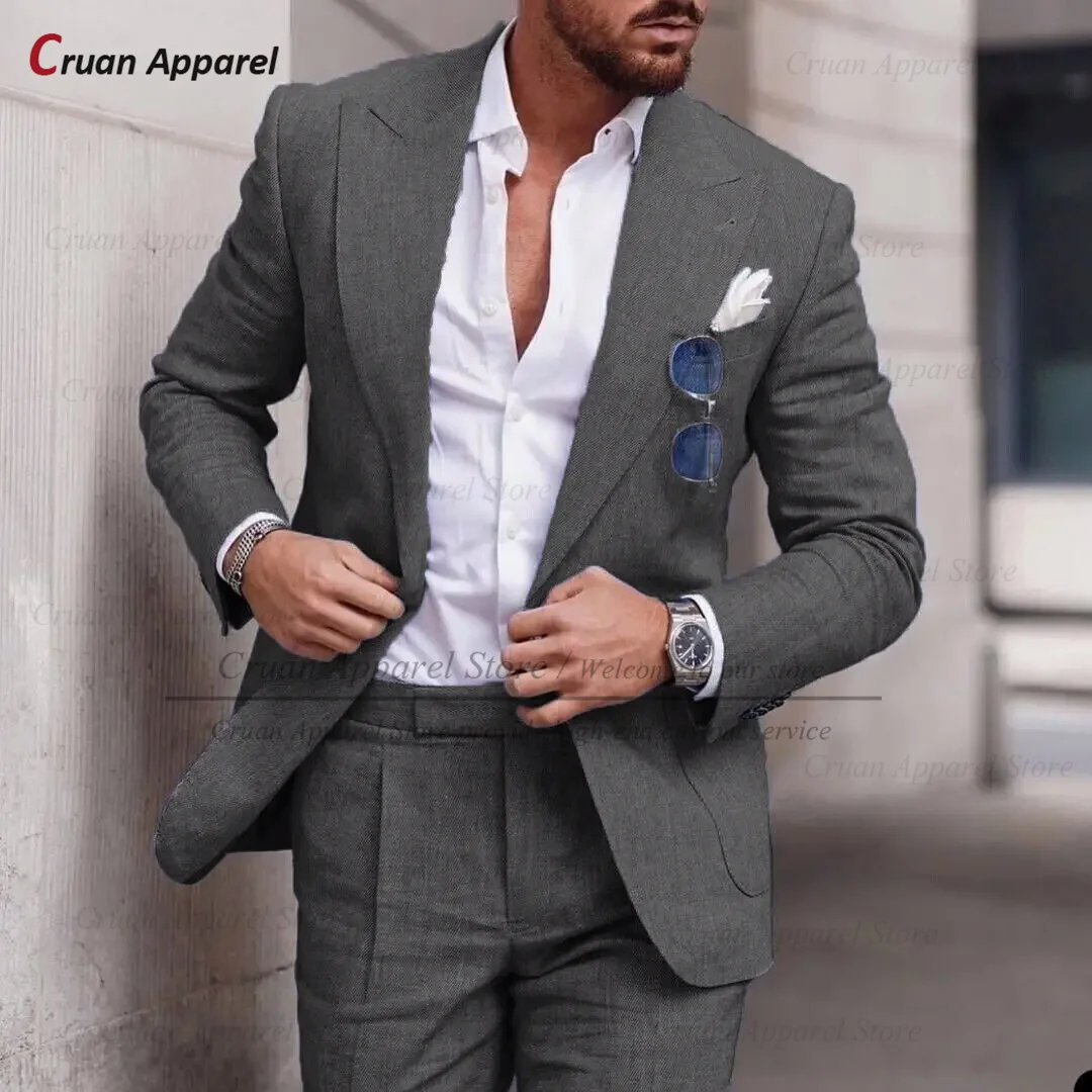 Formal Men Suit Sets Wedding Groomsman Tailor-made Slim Fit Linen Blazer Pants 2 Pieces Evening Dinner Classic Male Outfits