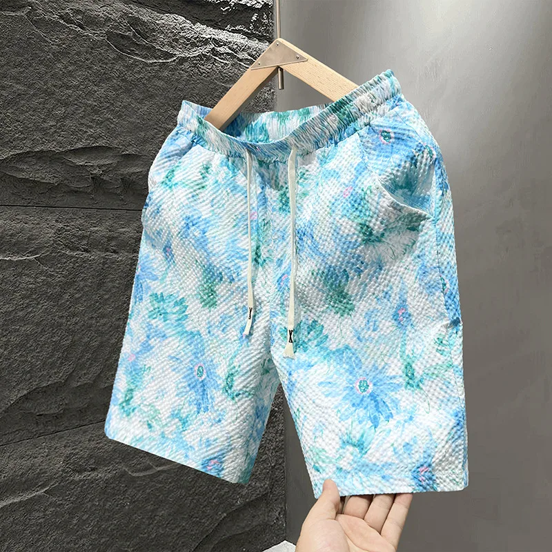 Casual Seersucker Textureกางเกงขาสั้นQuick-Dry Breathableตรงเอวยางยืดพิมพ์Streetวันหยุดกางเกงขาสั้นหลวมFitกางเกงขาสั้น