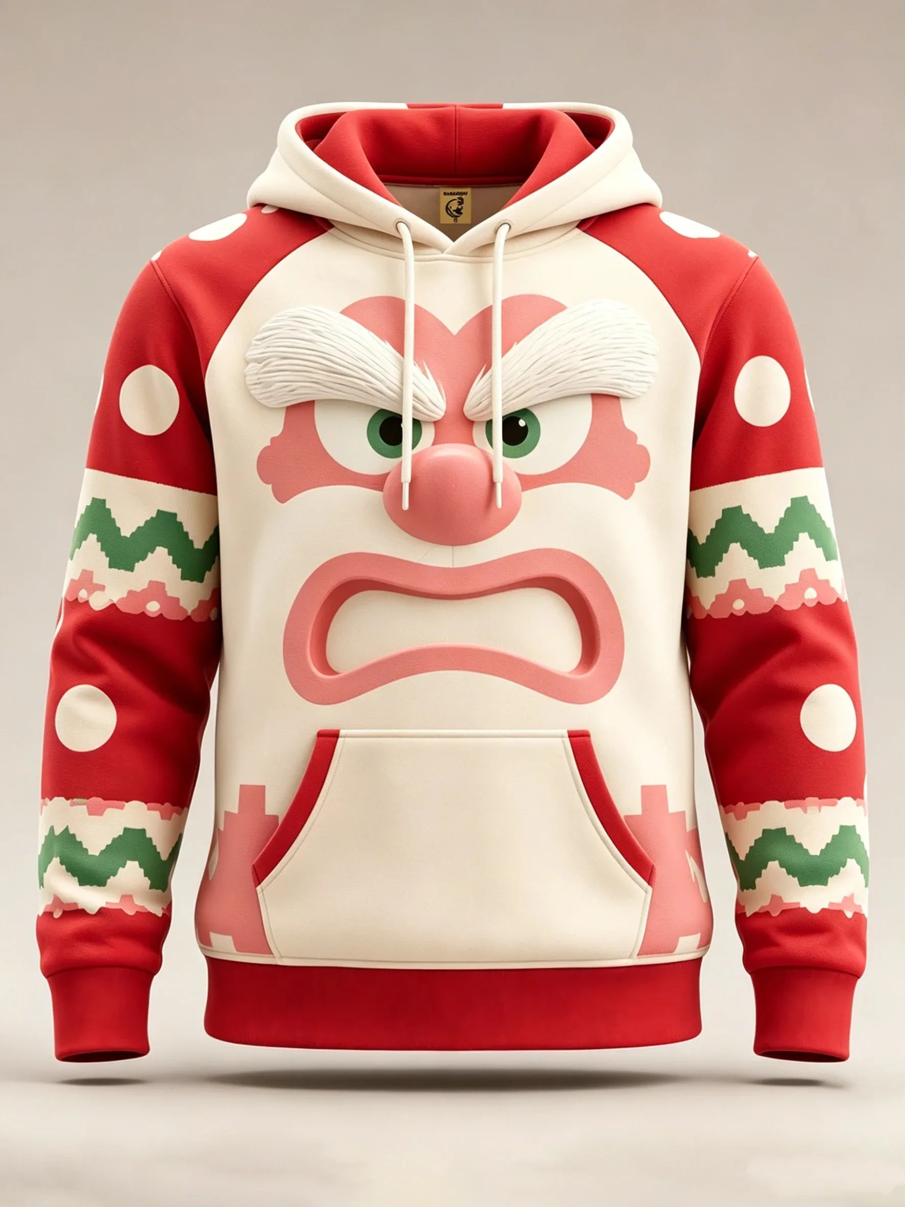 Unisex 3D Printed Hoodie Angry Cartoon Face Christmas Knit Style Pullover Long Sleeve Casual Holiday Sweatshirt Men Tops