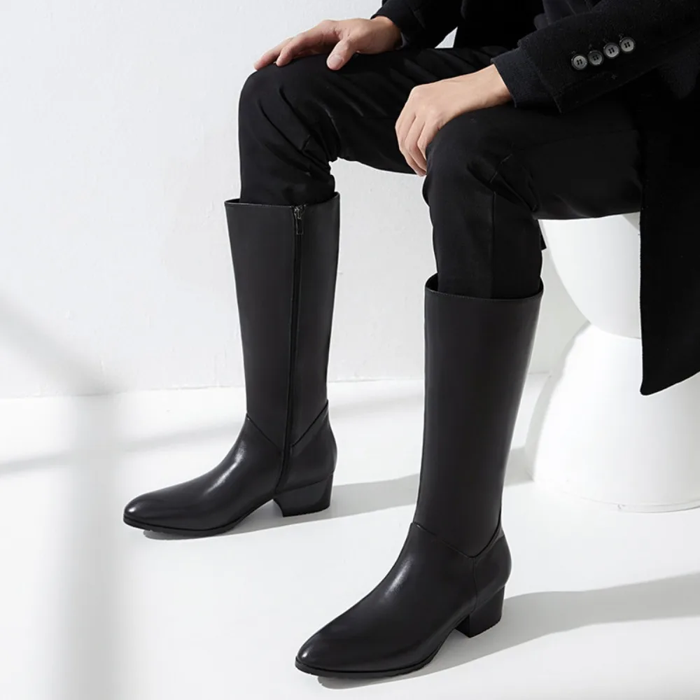 Fashion Knee High Long Boots for Men 2026 New Quality Genuine Leather Pointed Toe Shoes High Heels Knight Boots Men's High Boots