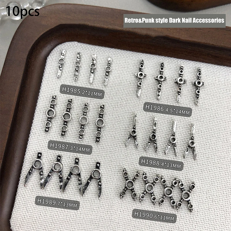 Breloques en métal lourd de style Punk pour Nail Art, accessoires en alliage pour décoration d'ongles rétro, fournitures de manucure, 10 pièces
