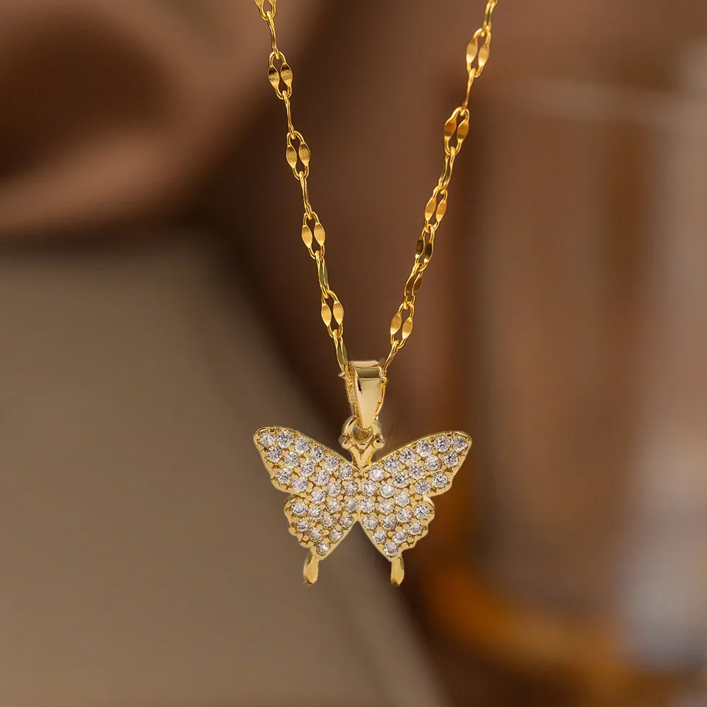 Exquisite Luxury Stainless Steel Full Zircon Butterfly Pendant Necklace for Women  Fashion Designer Jewelry Valentine's Day Gift