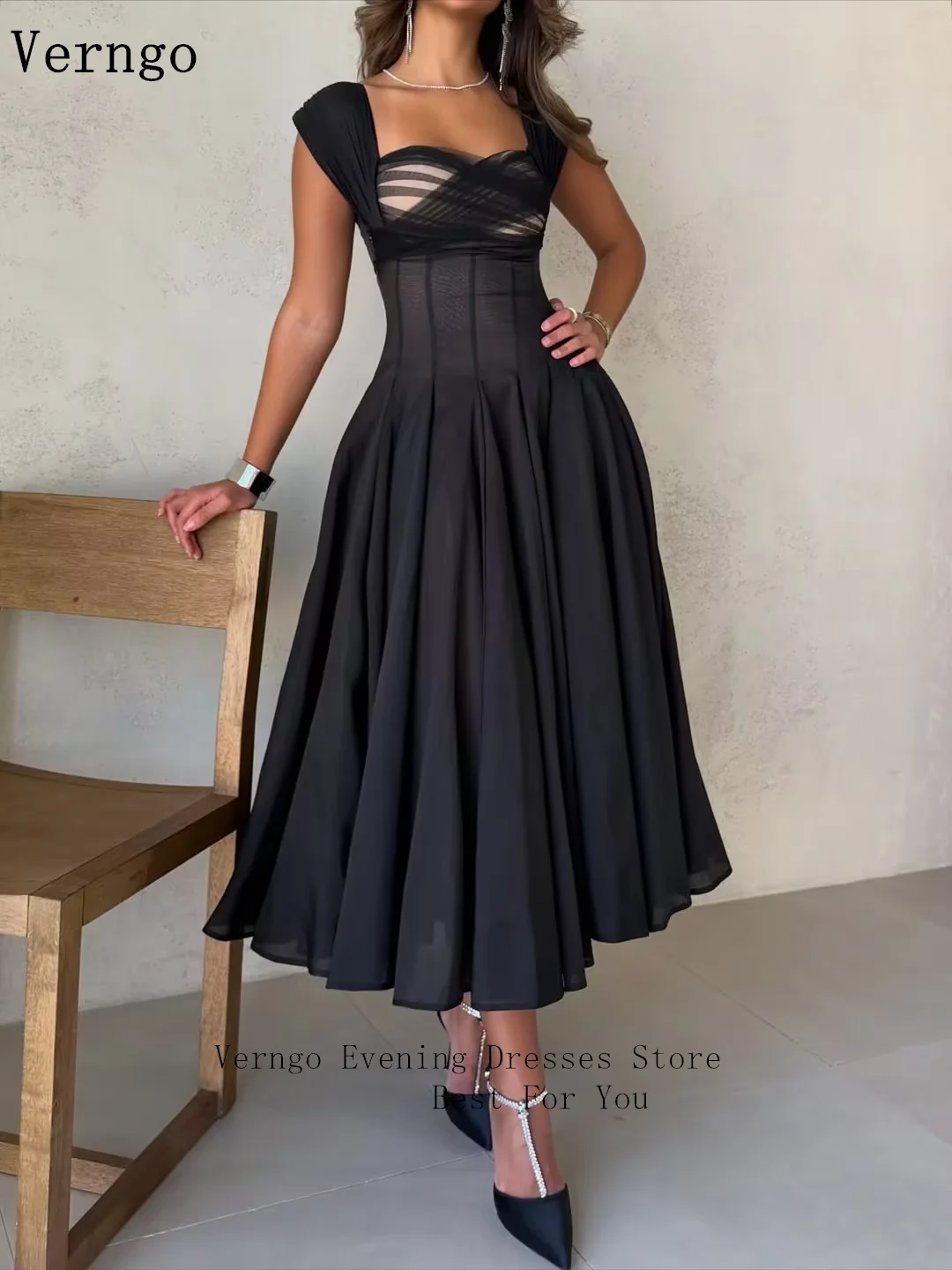 Verngo Black Tulle Evening Dress Spaghetti Straps A Line Pleated Formal Occasion Dress فساتين سهرة Prom GownCustomized 5