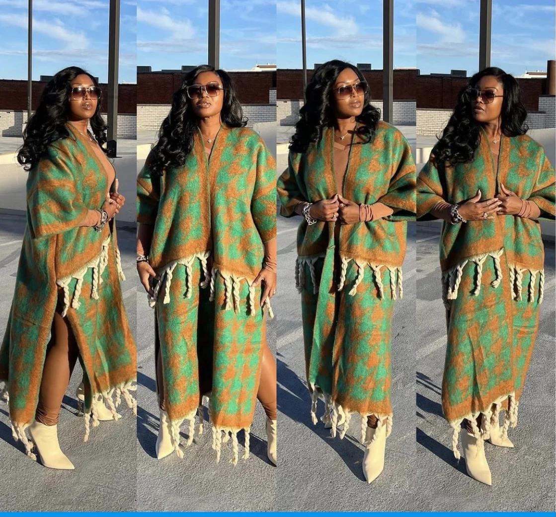 Popular Style African Rich Women Winter Tartan Plaid OPen Front Long Kimonos Amy Green+ Pink  Blogger Fuzzy Long Cardigans