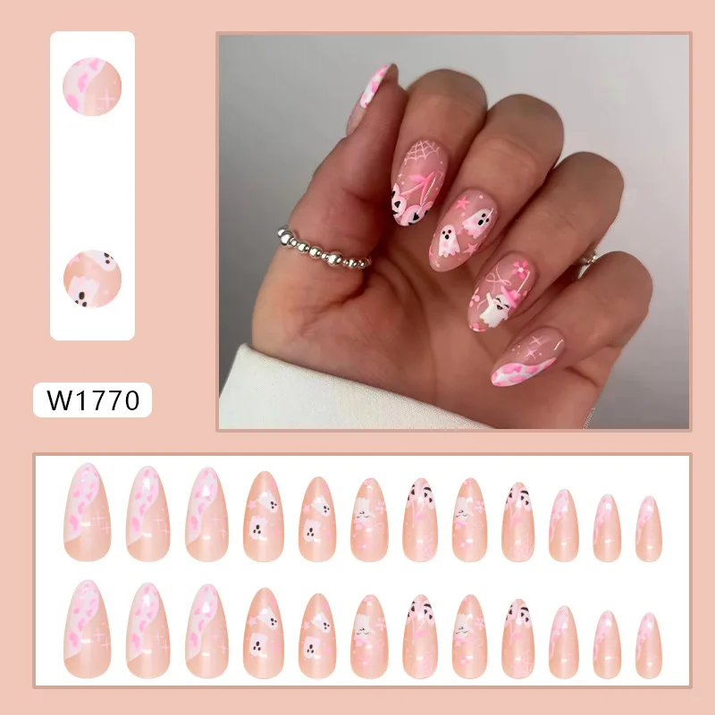 24pcs Pink Almond Press On Nails Cute White Ghost Spider Web Flower Printed Halloween Fake Nails Korean Sweet False Nail Tips