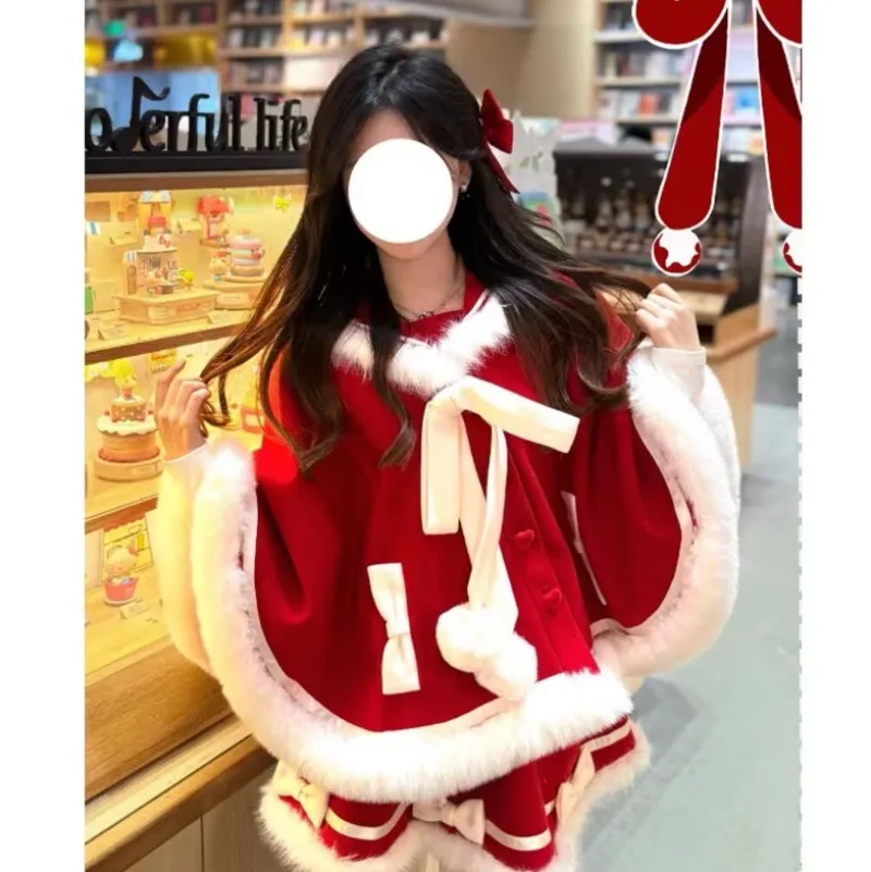 Japanse sfeer roksets meisjes mantel jas + halve rok tweedelige set kerst nieuwe kleding herfst winter nieuwe zoete 2025,