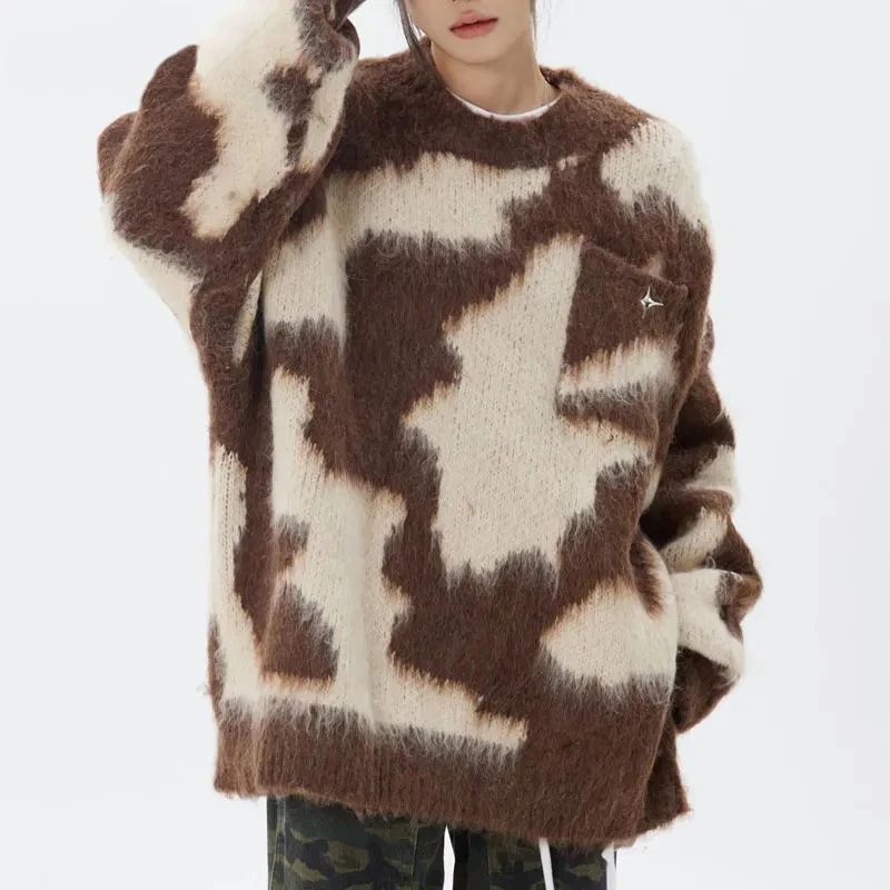 Aelfric Eden-Camisola Mohair Vintage, Fofo Fuzzy Patchwork Jumpers, Malhas Soltas, Estrelas Retro, Hip Hop, Harajuku