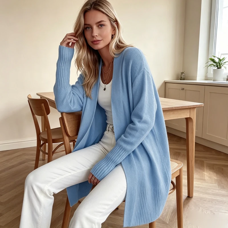 2026 Elegant Office Lady Long Cardigan Sweater V-Neck Long Sleeve Loose Knit Coat Autumn Winter Casual Solid Color Outerwear