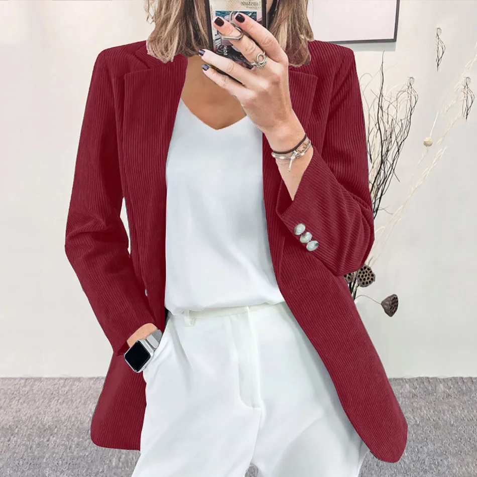Women's Autumn Winter New Corduroy Cardigan Elegant Slim Fit Solid Color Casual Professional Blazer Jacket