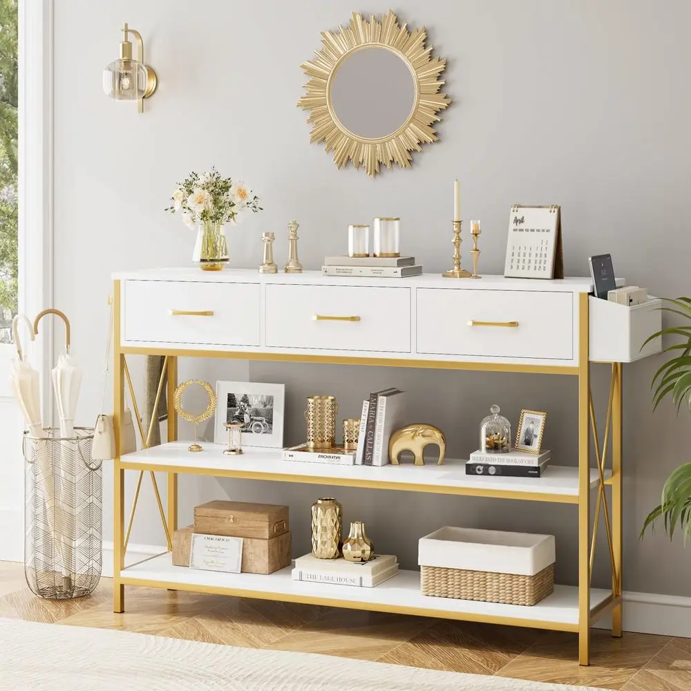 47.2 Console Table with 3 Drawers, Narrow Long Entryway Table with 3Tier Storage Shelves, Industrial Sofa Foyer Table for Livin