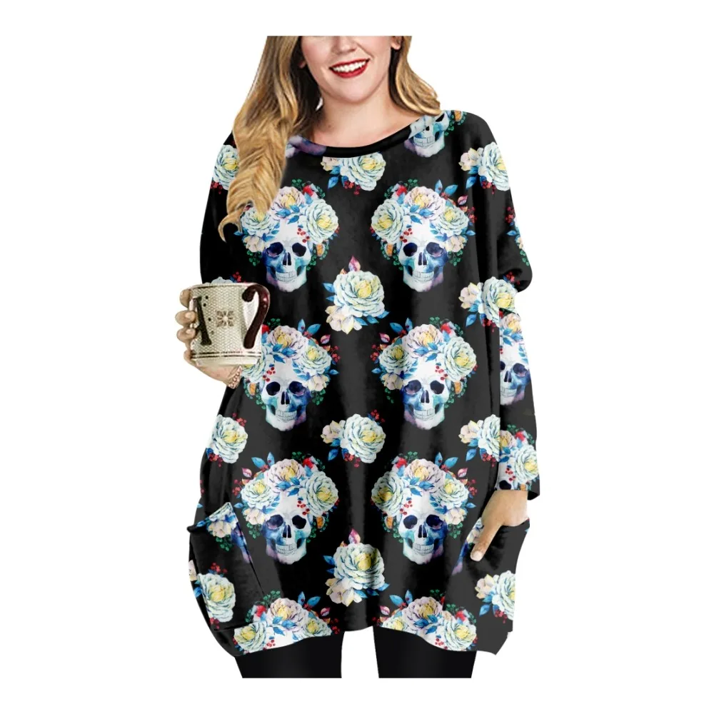 Vestido de manga larga con cuello redondo para mujer, ropa informal holgada con estampado de calavera y flores, camiseta con doble bolsillo, novedad